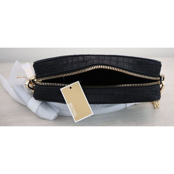Michael Kors Women's MD Black Croc Embossed Leather Camera Crossbody Bag - Picture 12 of 16